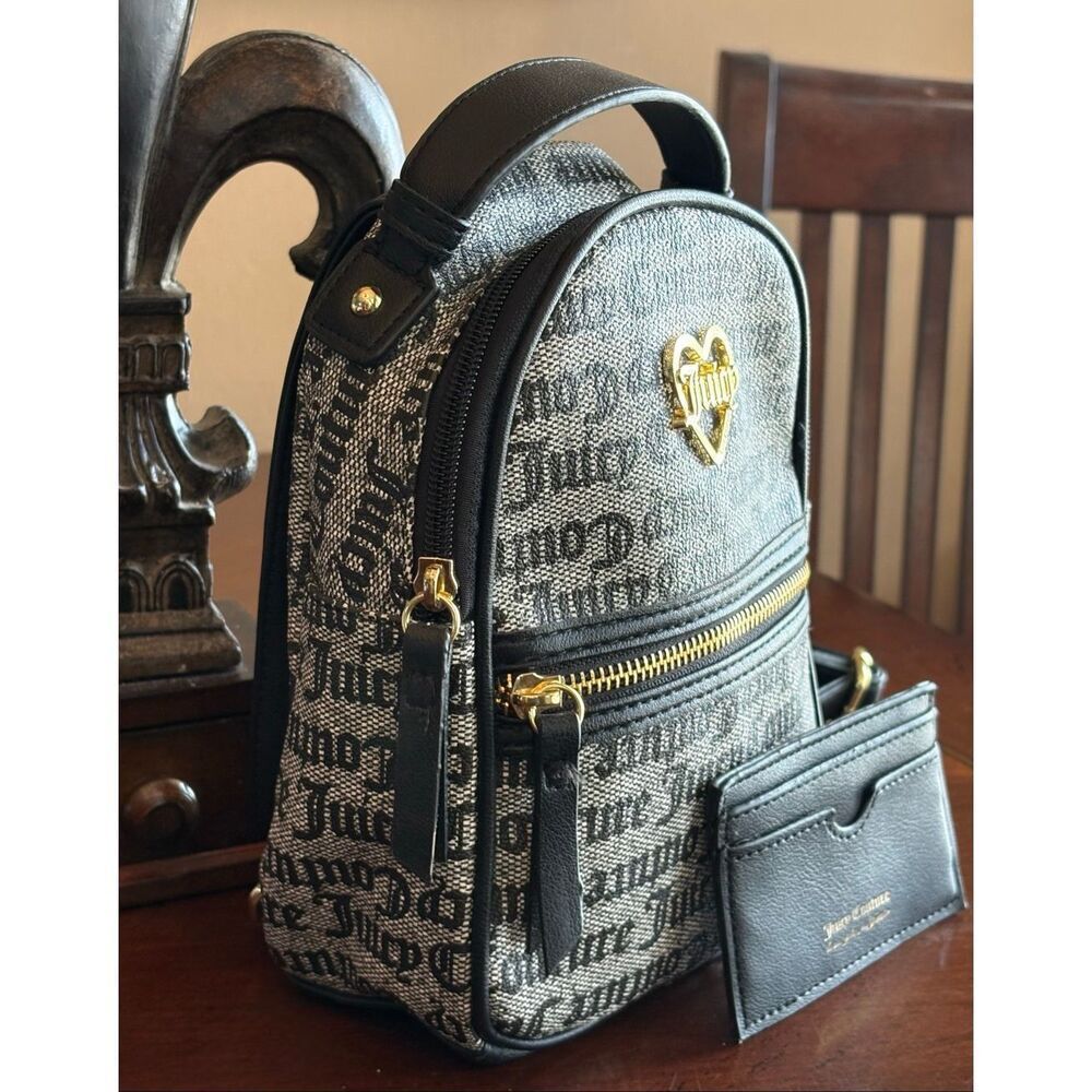 JUICY COUTURE Mini Backpack & Card Case/Grey & Black Faux Leather/Gothic Status - Picture 2 of 13
